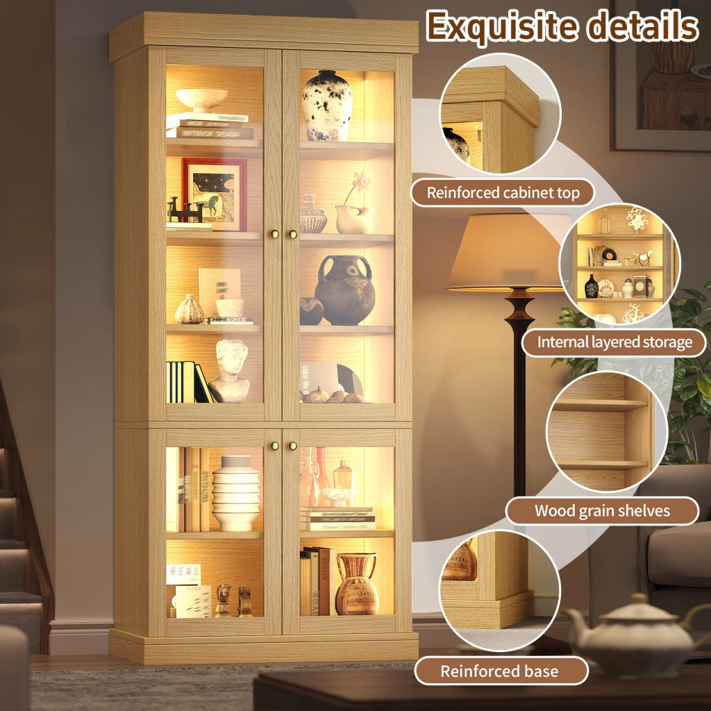 Armadio con LED e ripiani per soggiorno, 2 sistemi antiribaltamento, in MDF e vetro, legno naturale, 160 × 40 × 180 cm