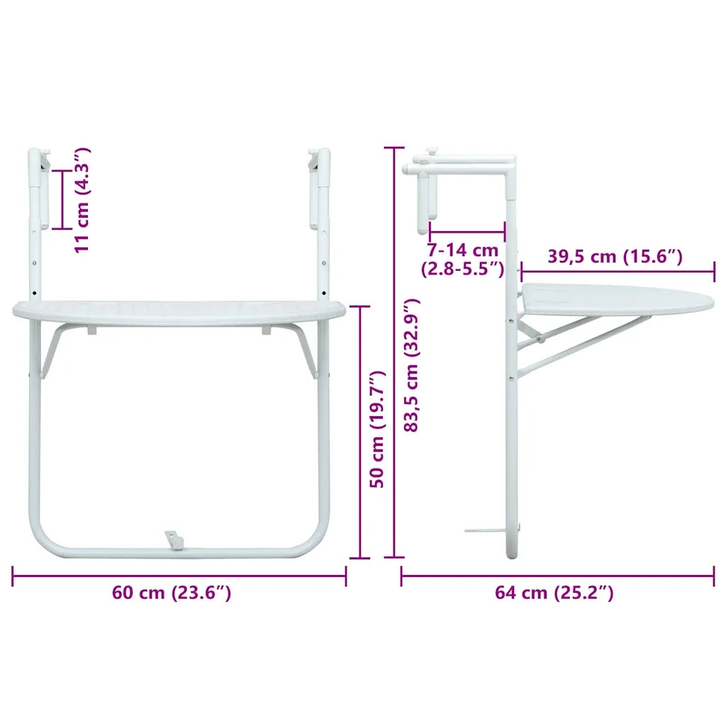 Tavolo da Balcone Pensile Bianco 60x64x83,5cm Plastica Rattan 47893