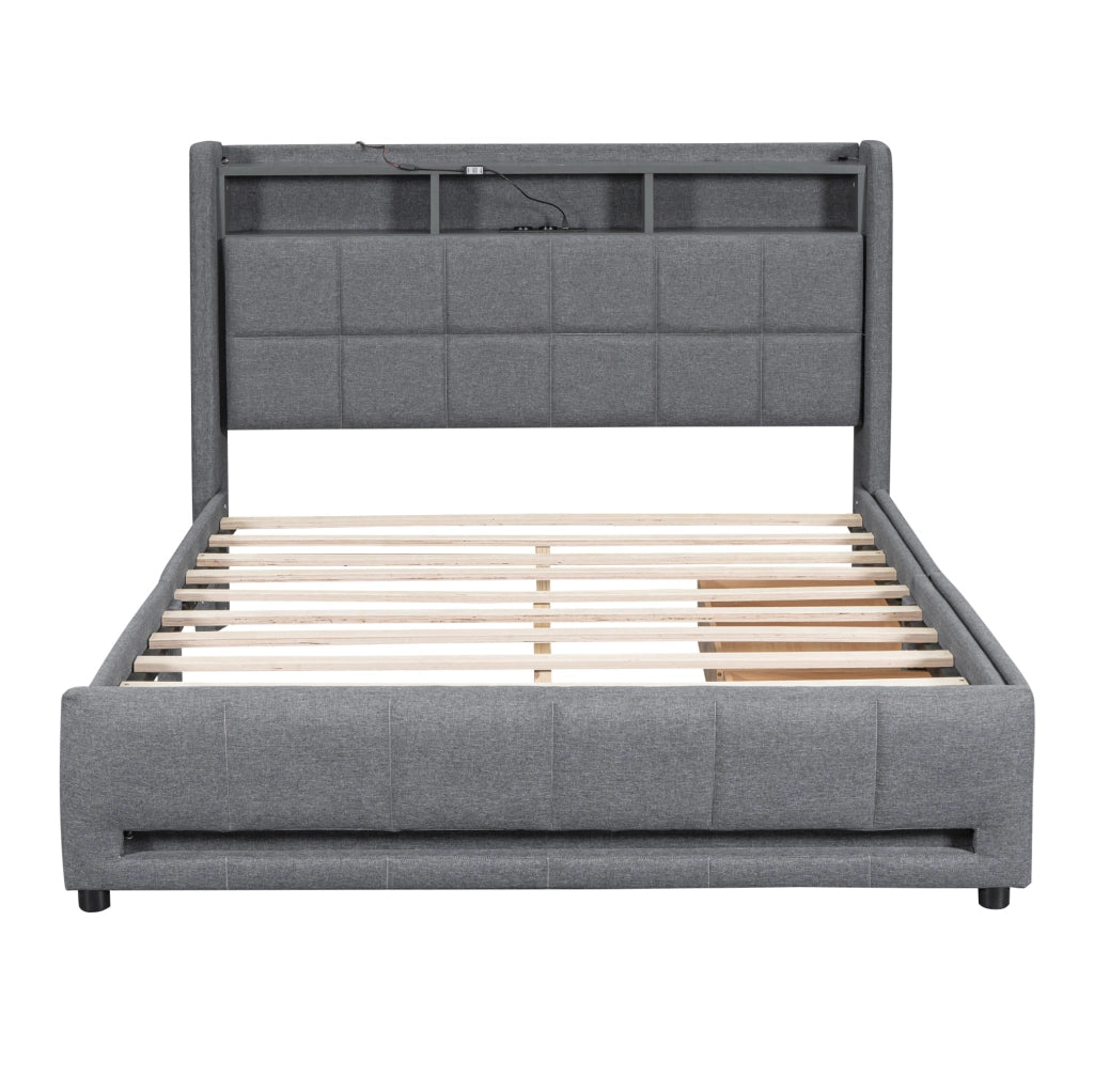 Letto imbottito 140x200 cm con LED APP; cassetti e USB in lino grigio