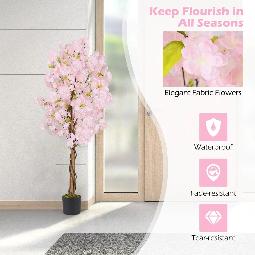 Set di 2 Piante Artificiali di Sakura, Pianta Artificiale 150 cm in Vaso, Falso Albero di Ciliegio con Fiori Rosa, Albero Artificiale Decorativo per la Casa