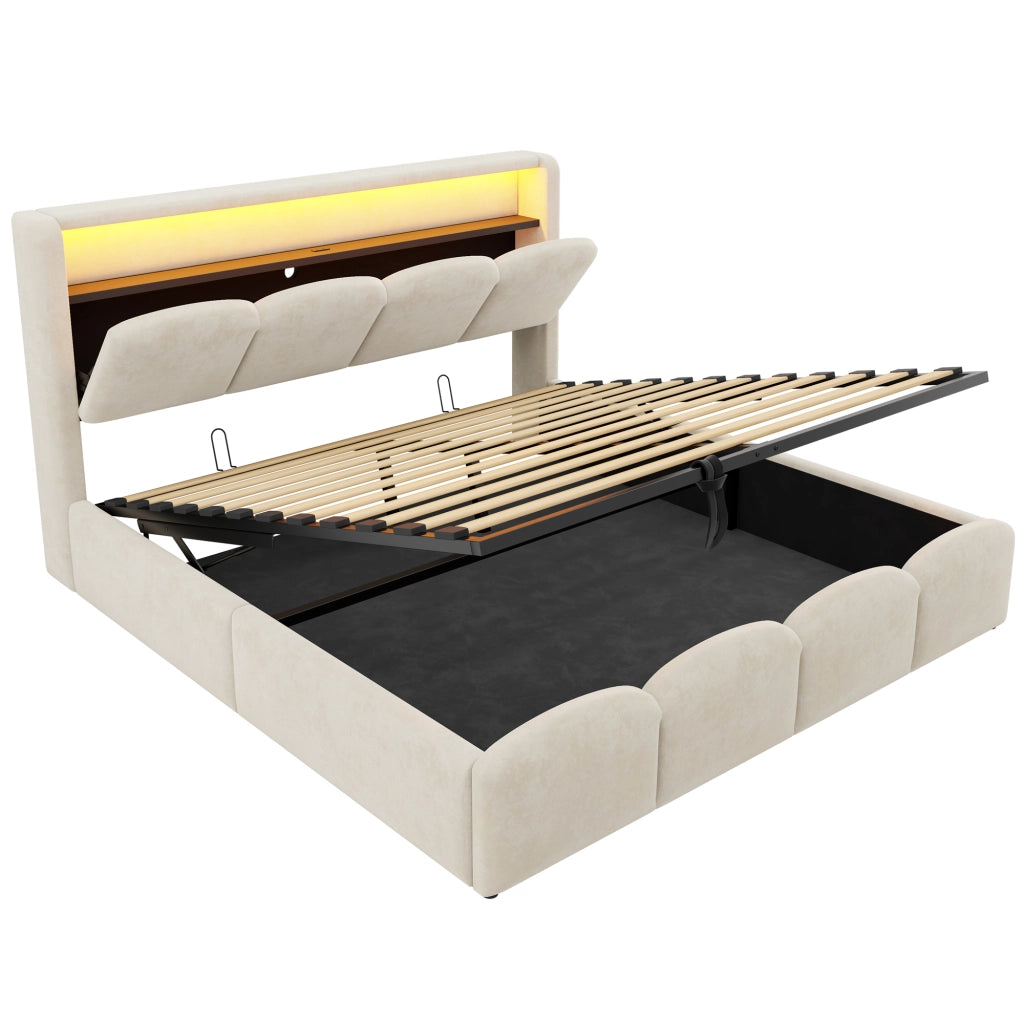 Letto imbottito 140x200 cm con contenitore idraulico e LED in velluto beige