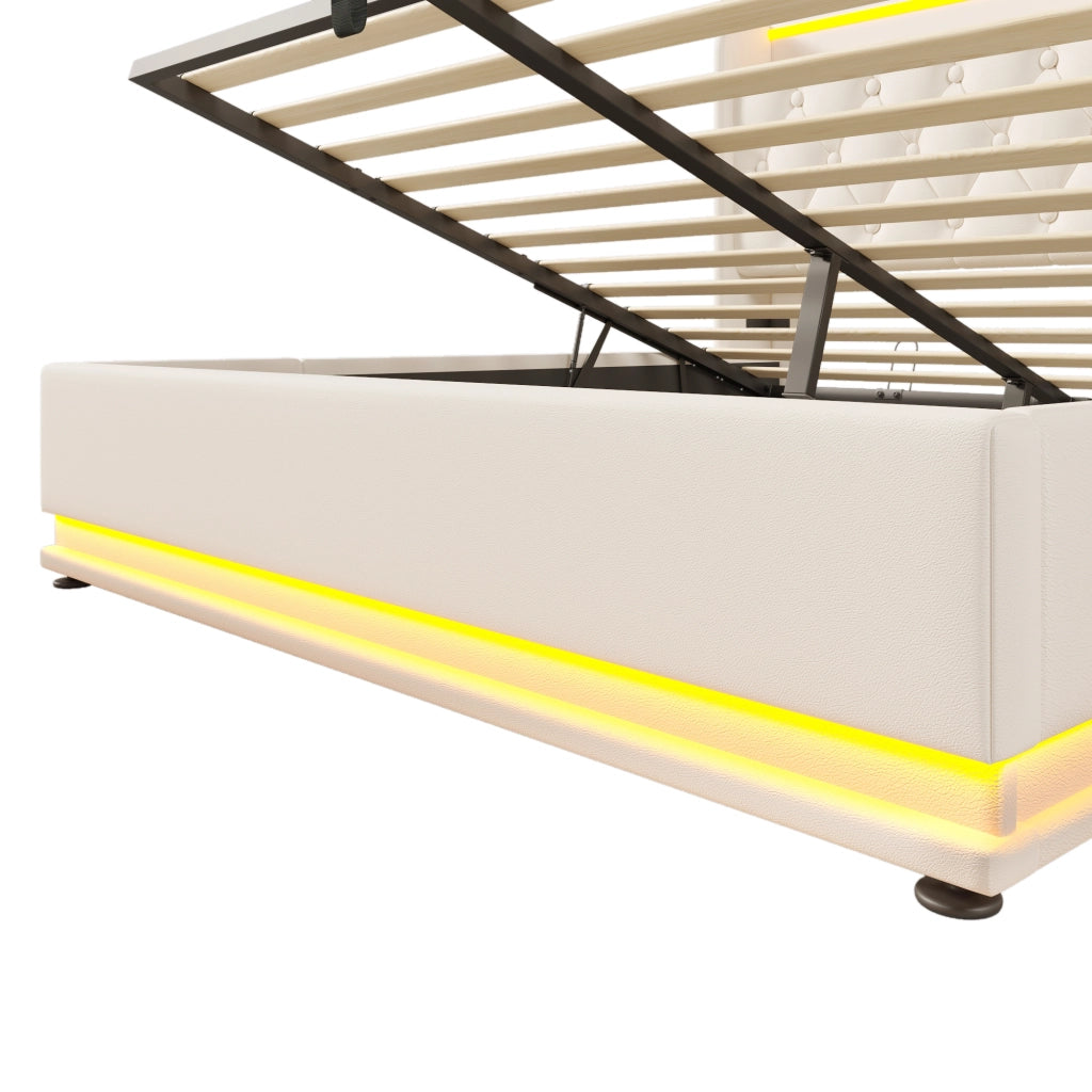 Letti contenitori 140x190 cm; LED e USB; PU; bianco (Senza materasso)
