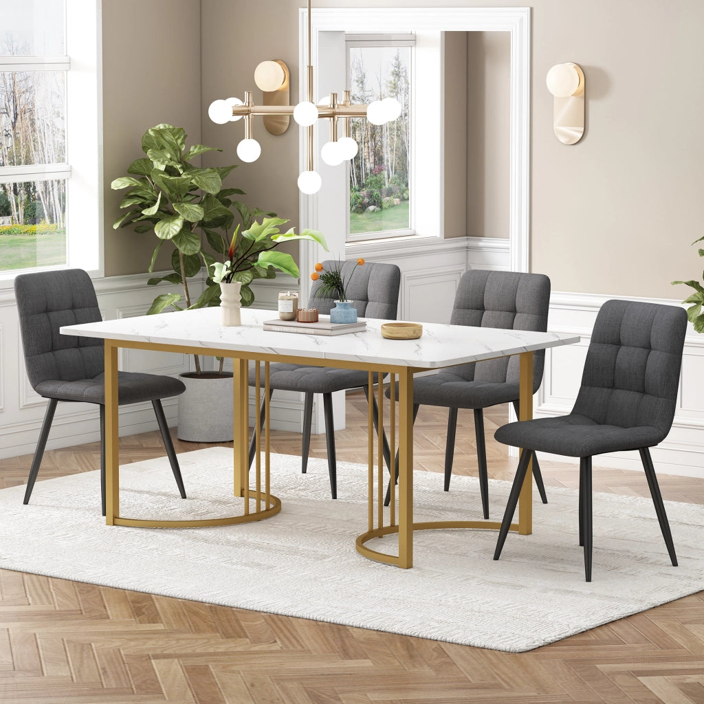 Tavolo da pranzo per 4 persone con 4 sedie, piano in MDF effetto marmo, struttura in metallo, per cucina, bianco