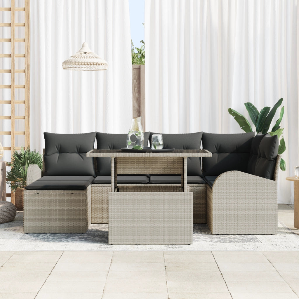 Set Divano Giardino 7 Pezzi con Cuscini Grigio Chiaro Rattan PE