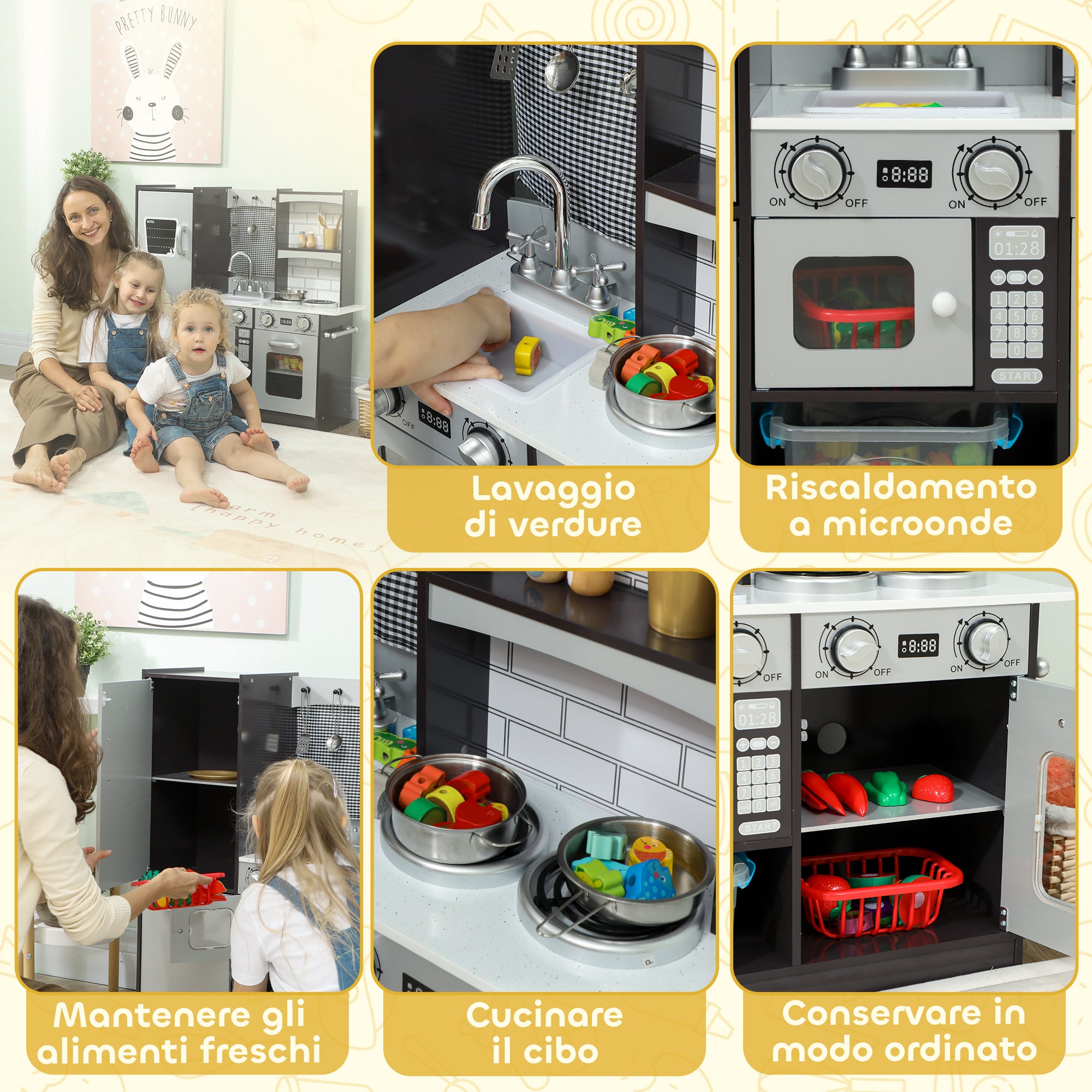 Cucina Giocattolo per Bambini 3-8 Anni con Accessori Frigo Lavandino e Suoni in Legno Marrone