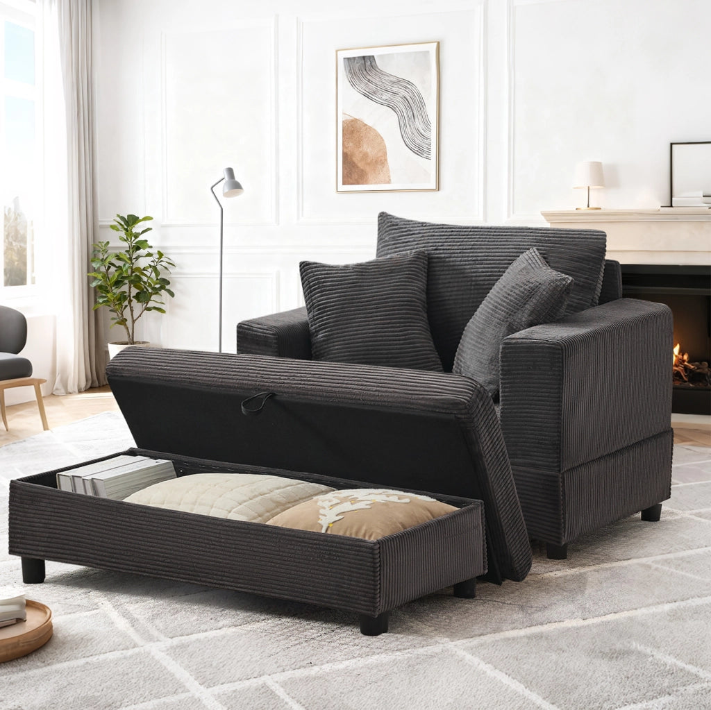 Chaiselongue grigio con portagiochi e 3 cuscini, divano lounge per soggiorno e camera da letto