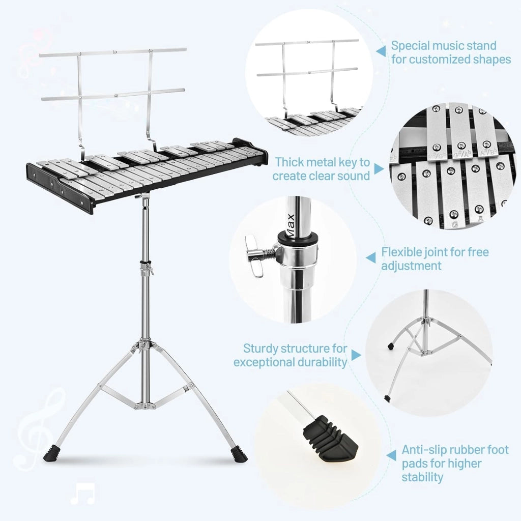 Set con supporto regolabile in altezza, 32 note xilofono con 1 paio di bacchette e bacchette per batteria e 1 tamburo per esercizi a 8 angoli, per bambini, adulti