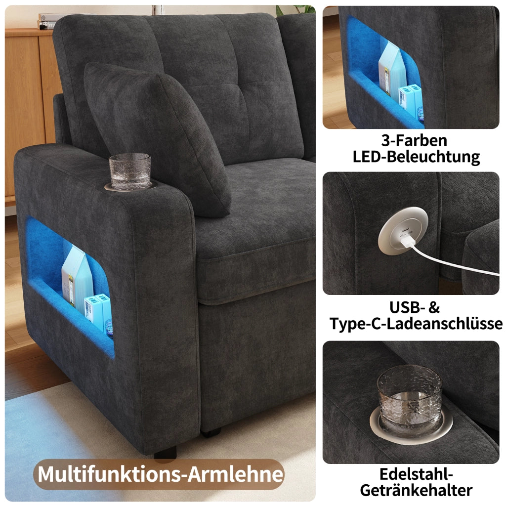 Divano letto 2 posti estraibile con USB Type-C; LED e braccioli con vano; grigio