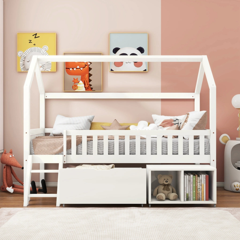 Letto a casetta per bambini 90x200 cm in legno di pino con scala; cassetti e sponde; bianco