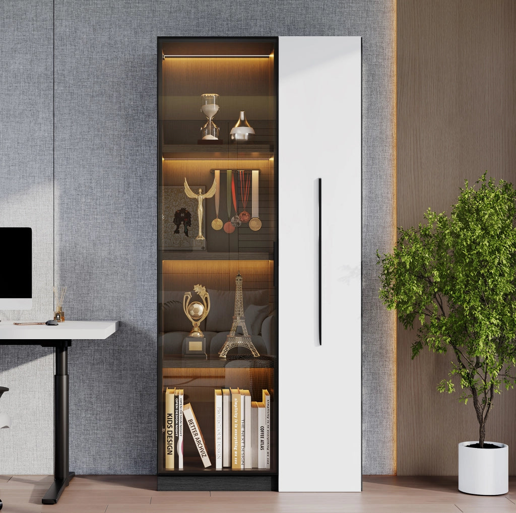 Vetrina moderna con LED e vano laterale 70x40x160 cm in MDF; nero e bianco