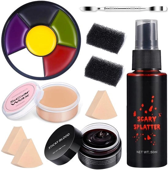 Set di trucco Halloween con sangue nero - Trucco per adulti/bambini - Vampiro/zombi/cosplay - Incluso spugne/spatola - Set di trucco professionale