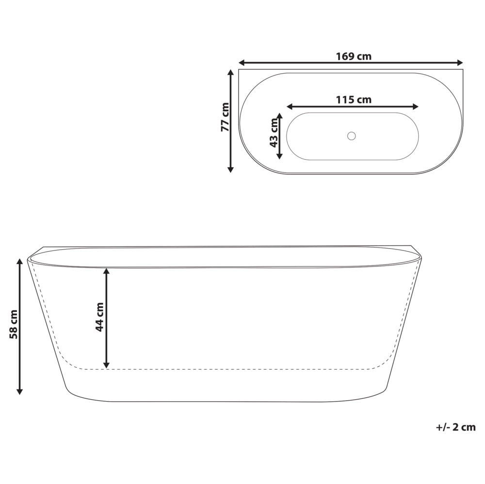 Vasca da bagno freestanding in acrilico bianco 170 cm design moderno con bordi scanalati forma ovale