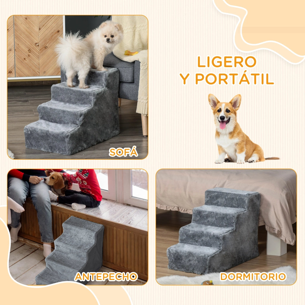 Scala per Cani 4 Gradini Grigio con Copertura Rimovibile Lavabile ¨C Zephmum ¨C 60x35x44 cm