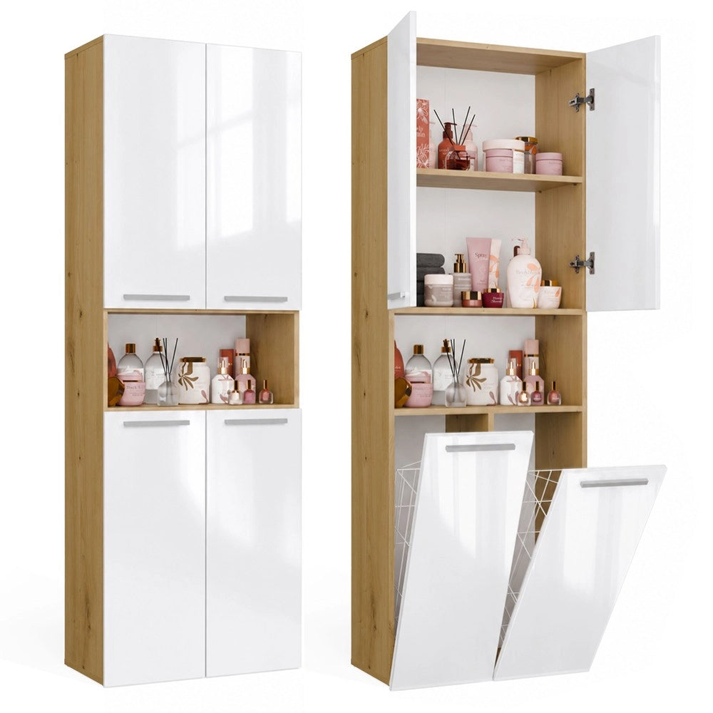 Mobile bagno NEL 2k DK scaffale colonna 2 kosze per bucato bianco lucido rovere artisan
