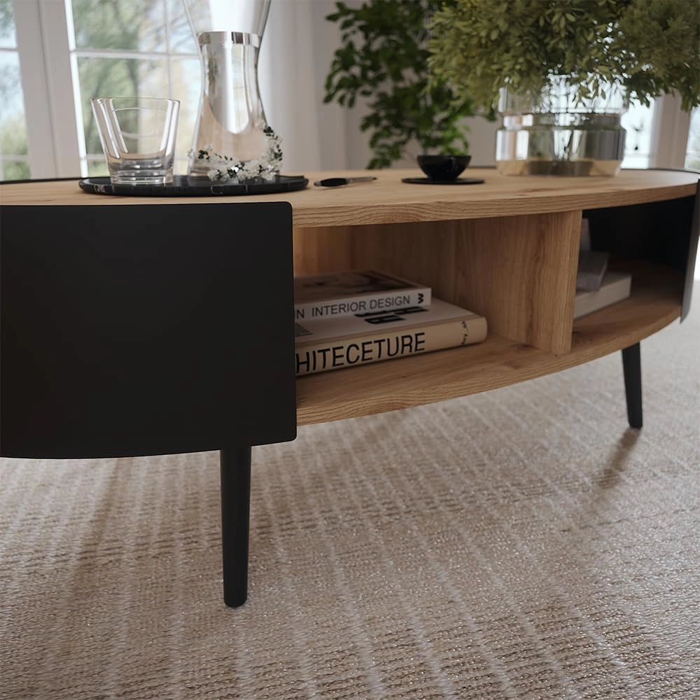 Tavolino Lofta, Nero, 120 x 60 cm, con ripiano per riviste e telecomandi