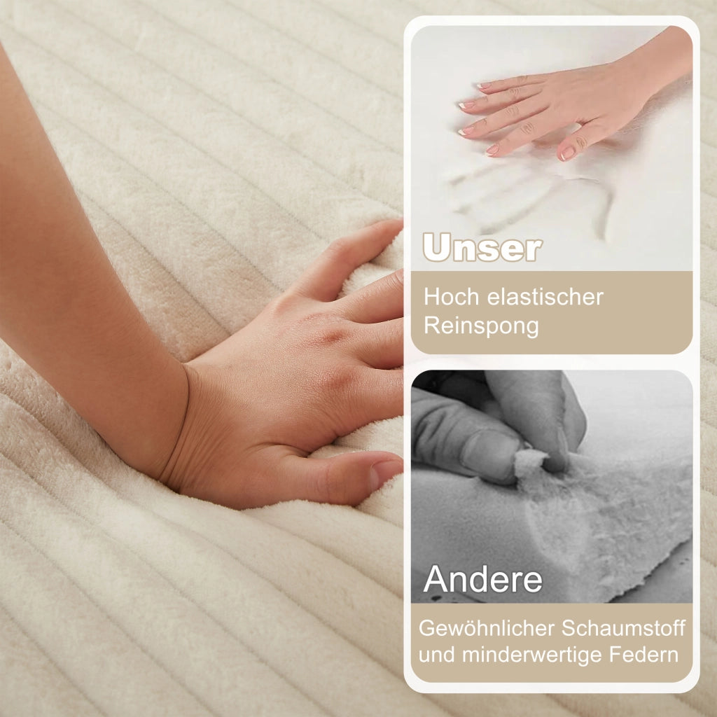 Divano modulare in ciniglia con braccioli e schienale curvi, seduta ampia e imbottitura in schiuma beige