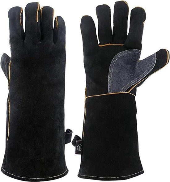 Manopole ultra-resistenti al calore, impermeabili, con lacci in cuoio e fibre di Kevlar, lunghe 35,5 cm.