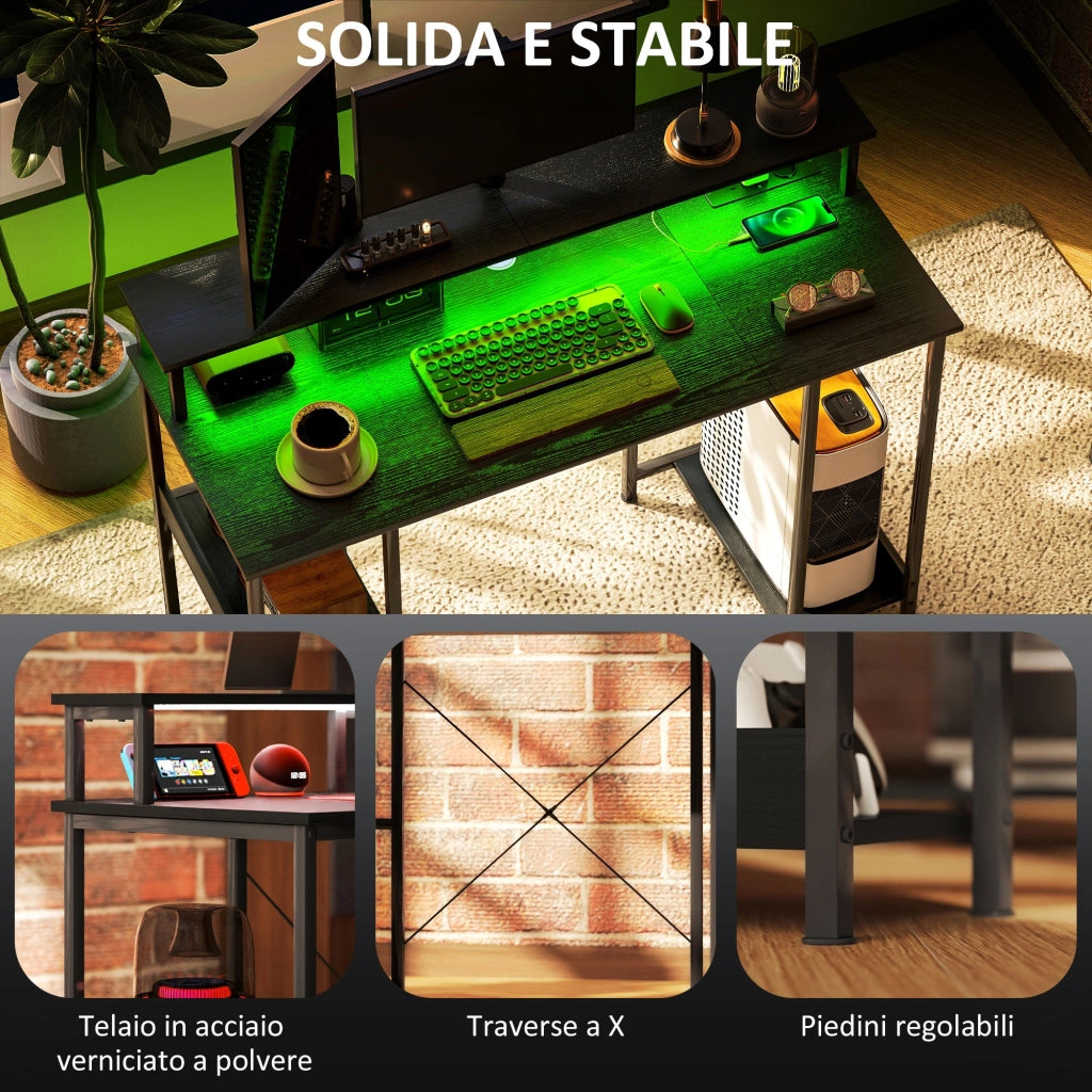 Scrivania per PC 120x 50x89,5 cm Reversibile con Prese Elettriche Luci e Supporto Monitor Nero