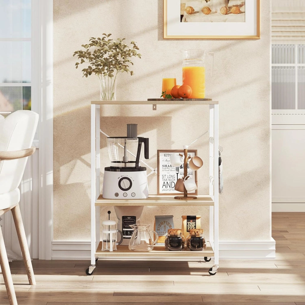 Scaffale da Cucina con Ruote, Carrello Cucina a 3 Livelli, Scaffale per Microonde con 4 Ganci, Carrello da Bar con Struttura in Metallo, Bianco + Effetto Legno, 60x40x82,5 cm