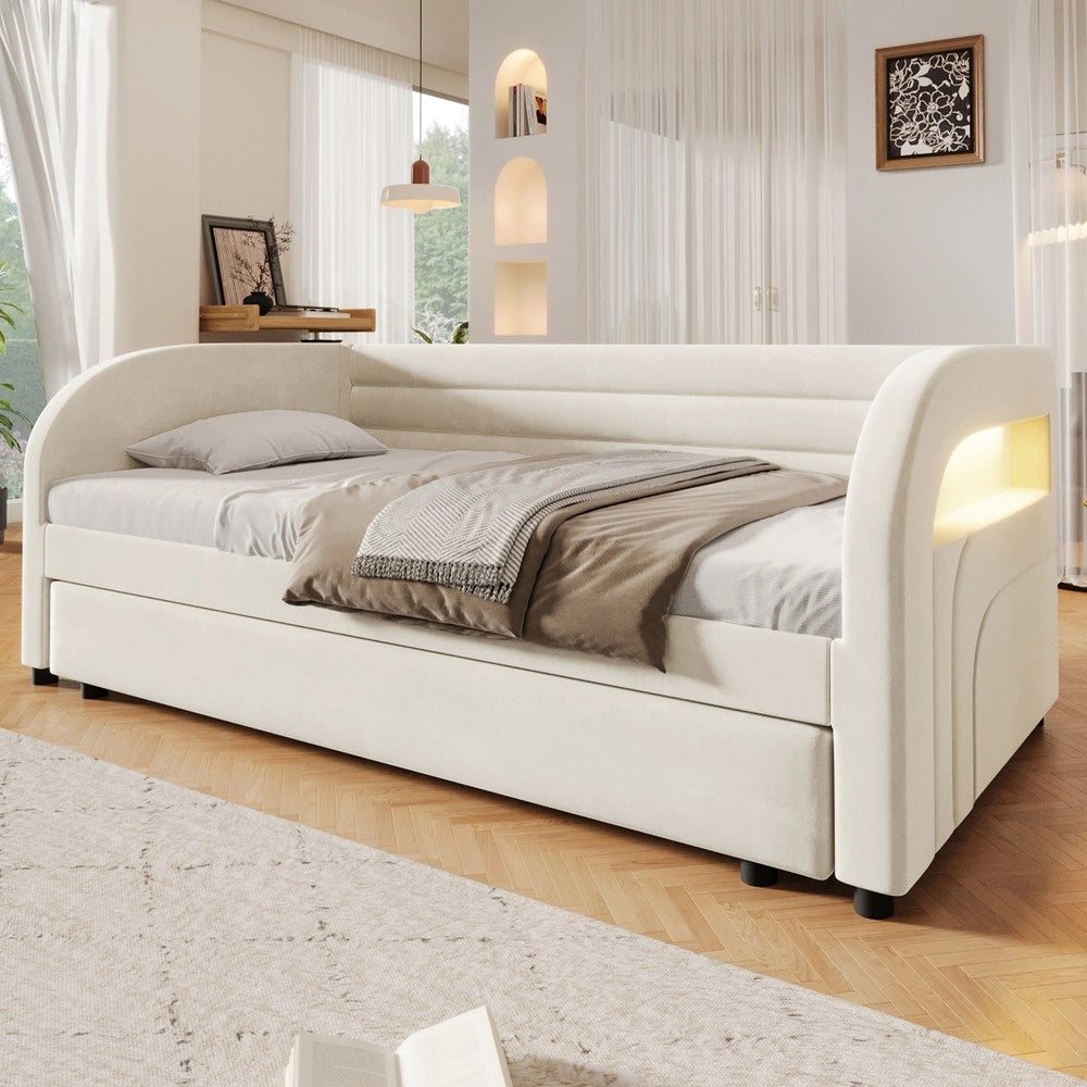 Letto imbottito con letto estraibile e LED ¨C Minimal ¨C Bianco 90x200 cm