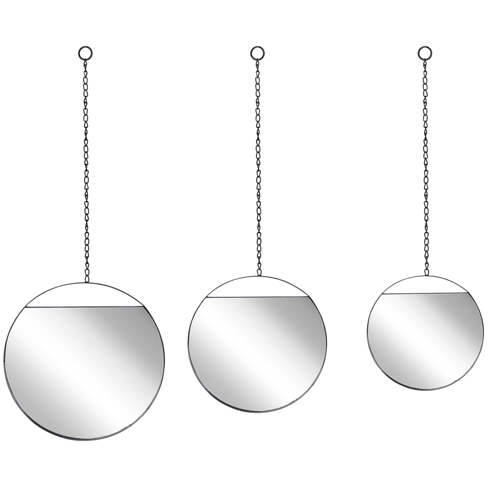 Set di 3 specchi da parete in metallo Nero con catene rotonde di varie dimensioni elemento decorativo design moderno