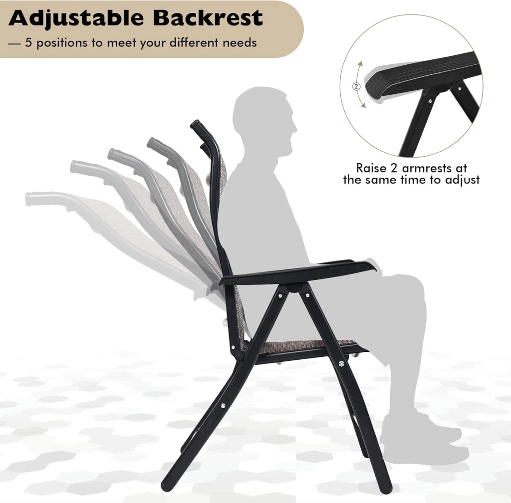 Set di 2 sedie da giardino in rattan con schienale regolabile, sedia pieghevole da giardino, sedia da pranzo, ergonomica, con braccioli, per giardino, balcone