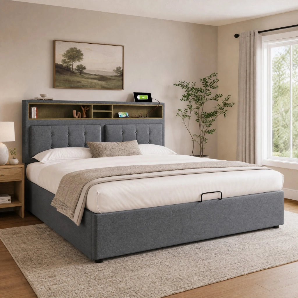 Letto matrimoniale imbottito 160x200 cm con testiera regolabile, USB e Type-C, grigio