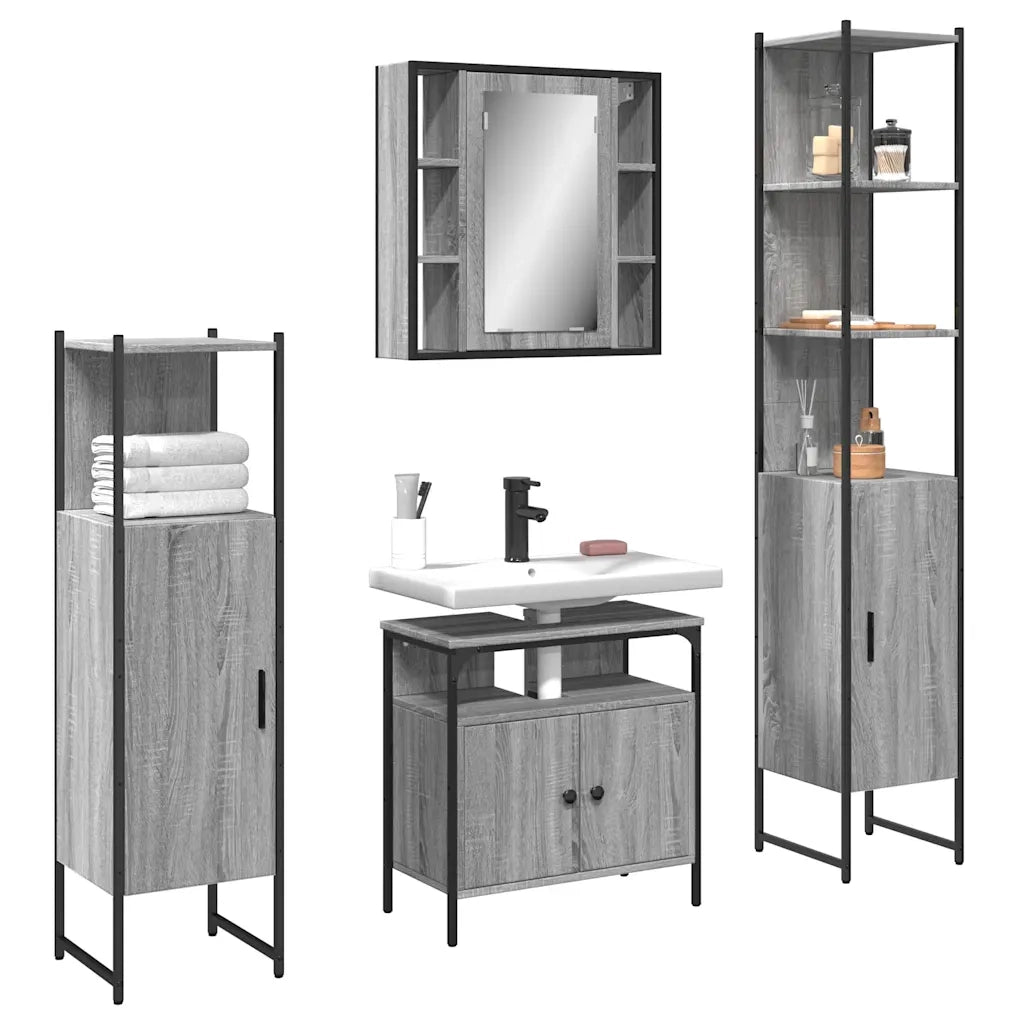 Set Mobili da Bagno | Armadio da bagno 4 pz Grigio Sonoma in Legno Multistrato