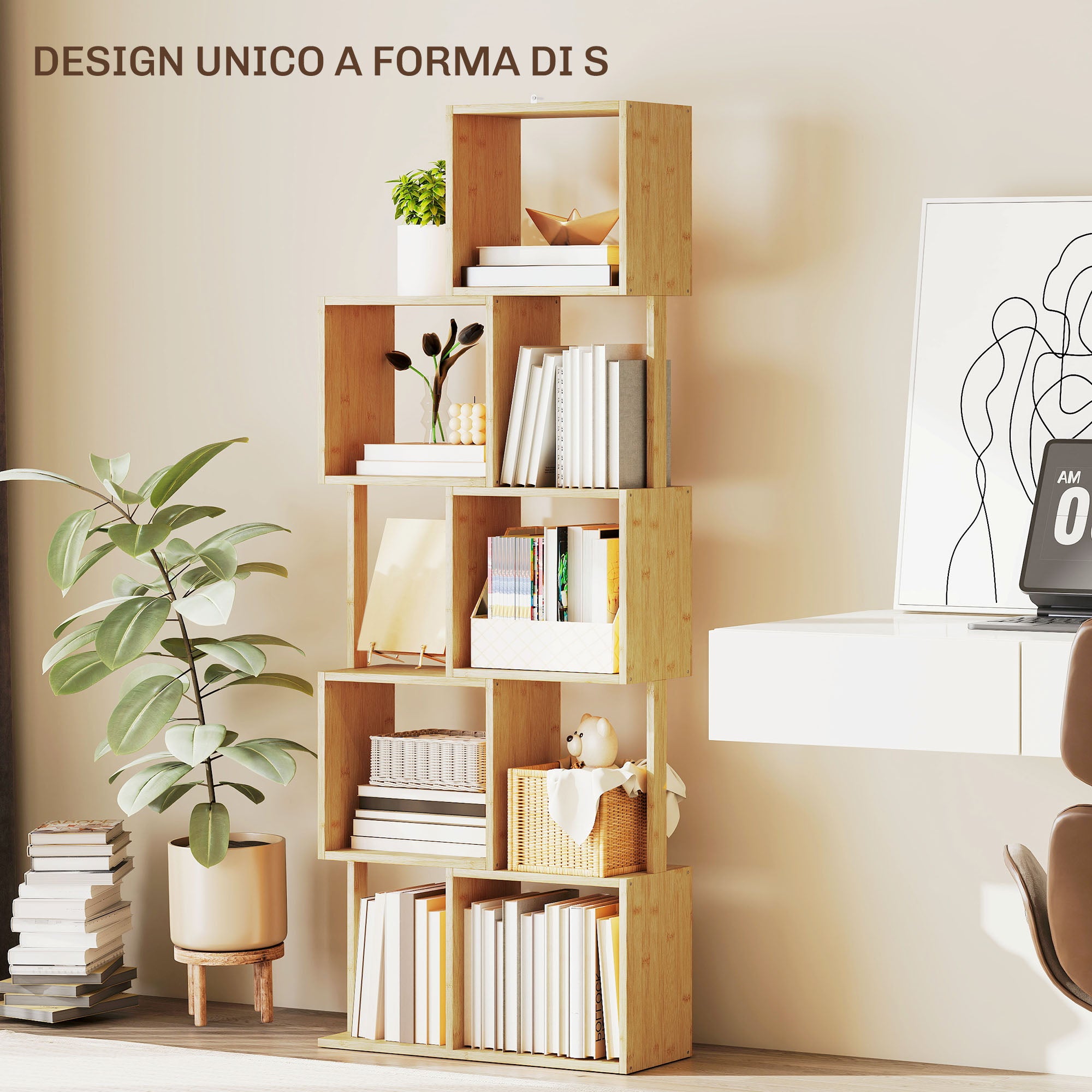 Libreria Moderna Asimmetrica a 5 Livelli 62,5x23x165 cm in Bambù Colore Legno Naturale