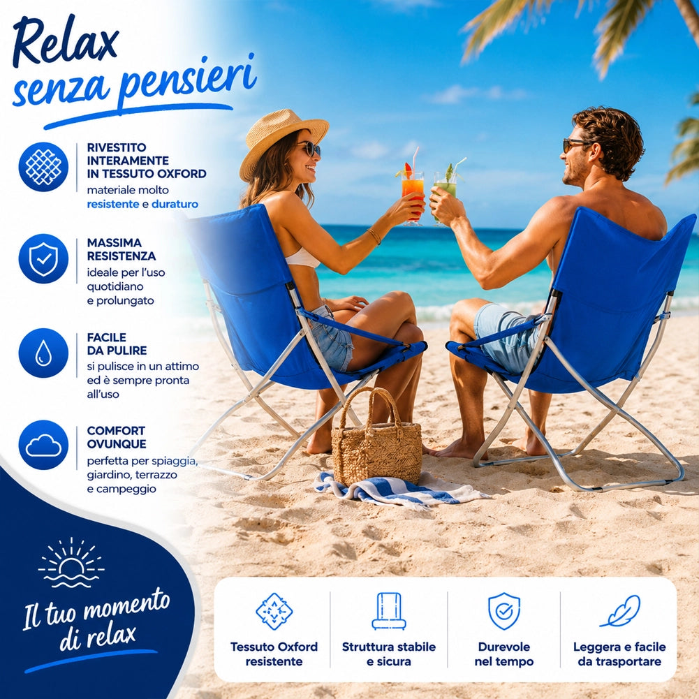 Spiaggina Sedia Canapone In Acciaio Tessuto Imbottito Pieghevole Relax Blu