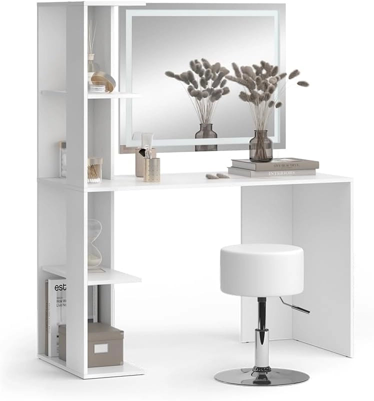 Vicco Tavolo da toilette Tower, Bianco, 122.2 cm con illuminazione e sgabello, Superfici decorative per profumi e oggetti preferiti