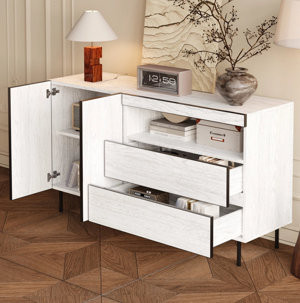 Sideboard bianco minimalista 140x42x77 cm con ripiani aperti