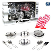 Trade Shop - Set Cucina Giocattoli Per Bambini In Metallo 10pz Con Pentole Mestoli E Guanto -