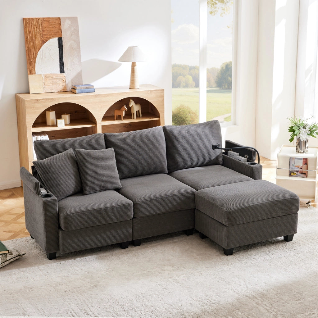 Divano angolare reversibile multifunzione con pouf; porta USB; 2 cuscini; in velluto a coste grigio scuro 213;5 Ã— 139 Ã— 87 cm