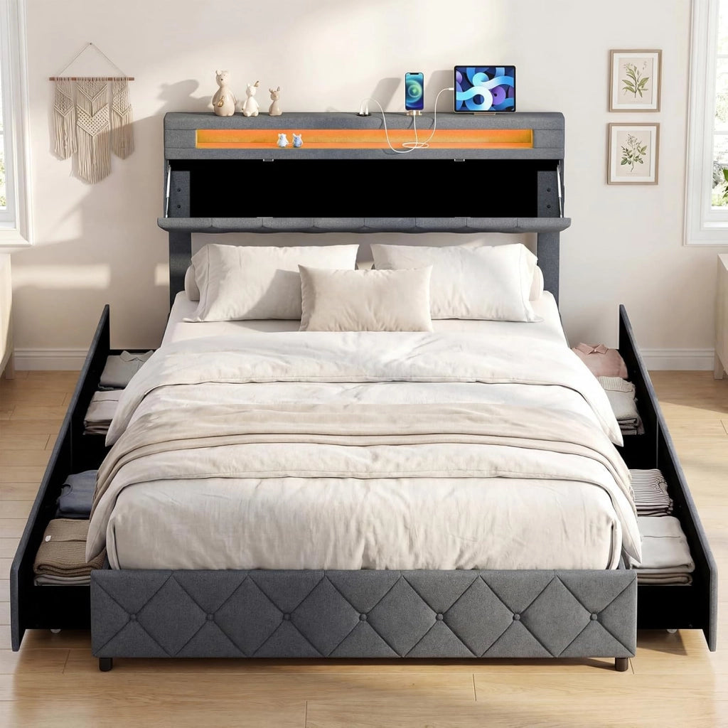 Telaio Letto Matrimoniale 140x200 / 160x200 cm con LED, Porte USB, Testiera e Cassetti Regolabili, Capacità di Carico 500 kg, Colore Grigio