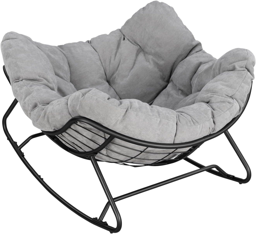 Sedia a Dondolo a Forma di Uovo, Poltrona Relax con Gambe Curve, Struttura in Metallo e Cuscino in Poliestere, Portata 150 kg, per Salotto e Balcone, Grigio Scuro