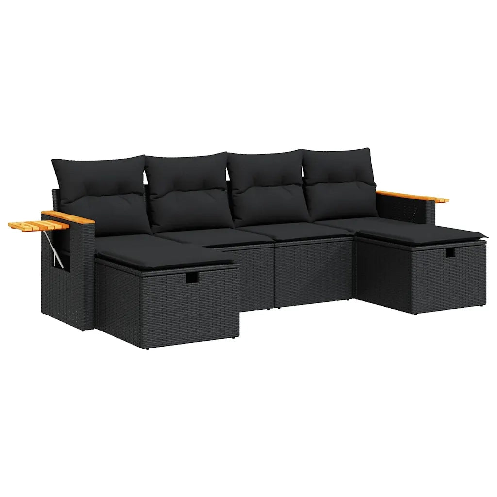 Set Divano da Giardino 6 pz con Cuscini Nero in Polyrattan 3325996