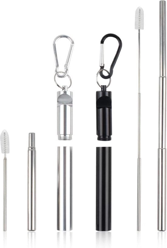 Set di Setole in Acciaio Inossidabile Telescopiche Reutilizzabili con Funzione di Spazzola e Spillo - Regalo per il Lavoro da Viaggio - Bianco e Nero