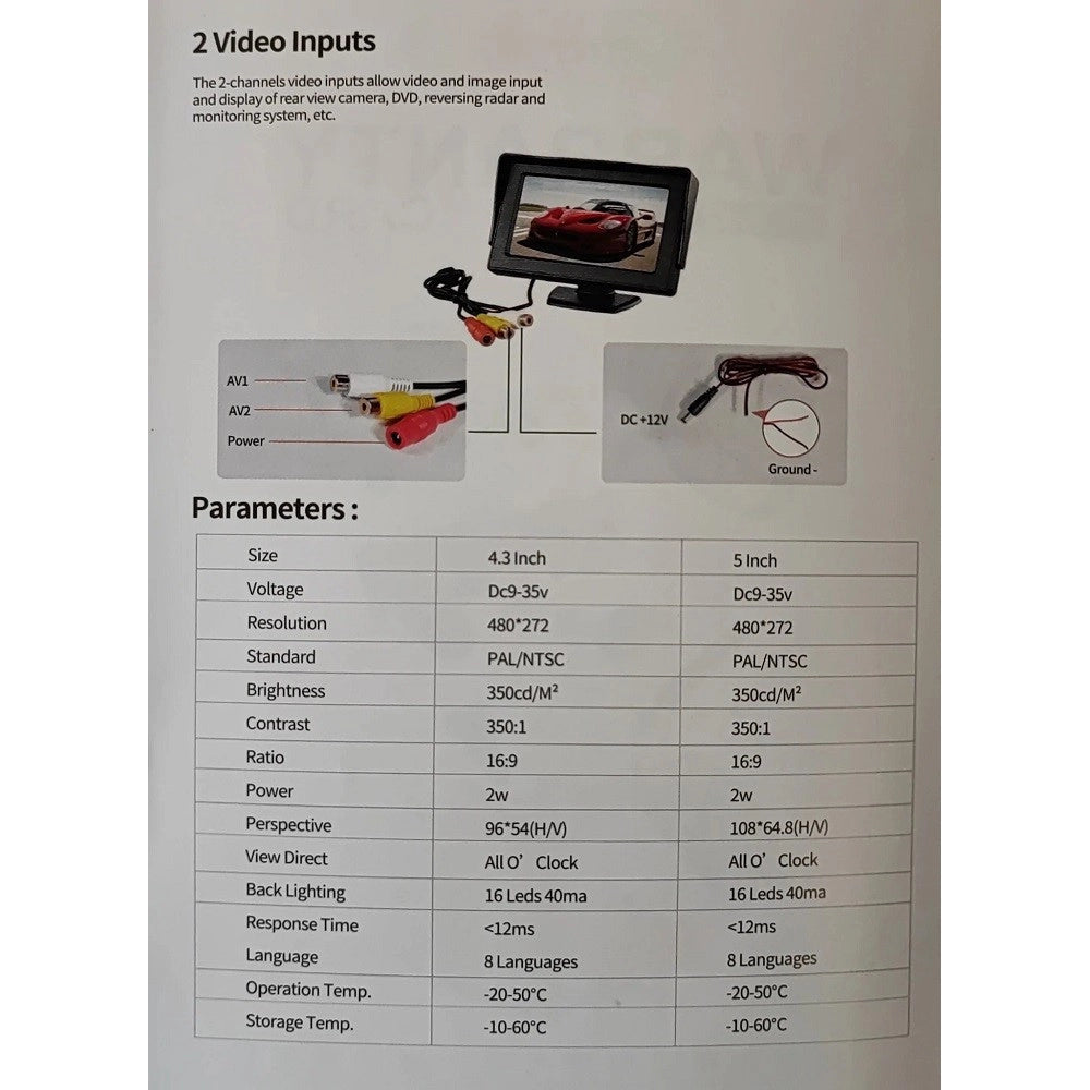 Trade Shop - Monitor Per Auto Suv Camioncino Q-ca901 Da 5" Hd Av A Colori Tft-lcd Telecamera -