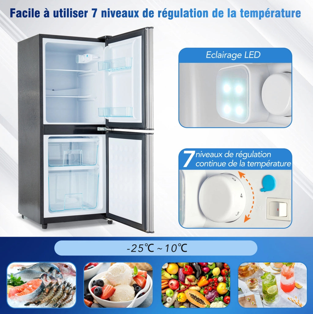 Frigorifero doppia porta 106 L con congelatore 46 L; nero e argento; acciaio inox