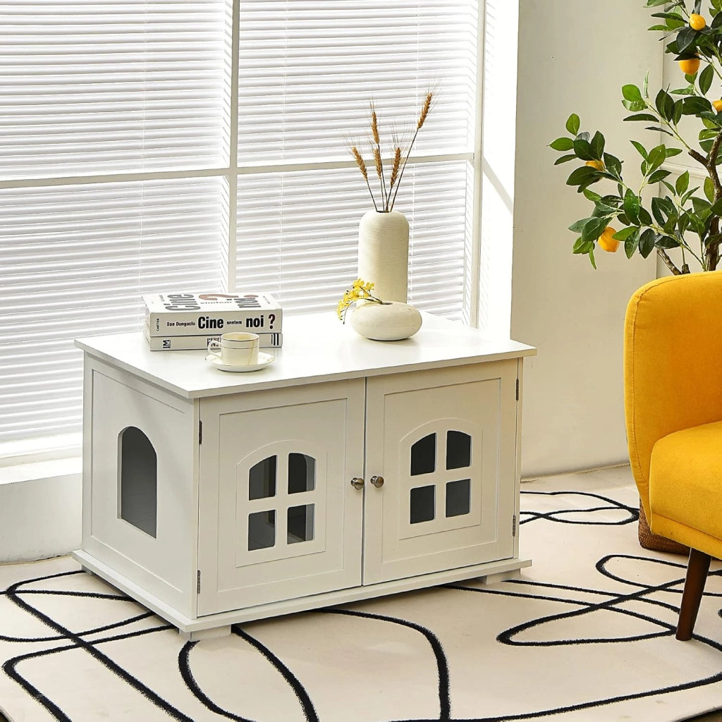 Casetta per Gatti, Casetta-comodino per Gatti con Doppie Porte e Finestre, Casetta Decorativa Ventilata per Domestici, 81 x 53 x 49 cm (Bianco)