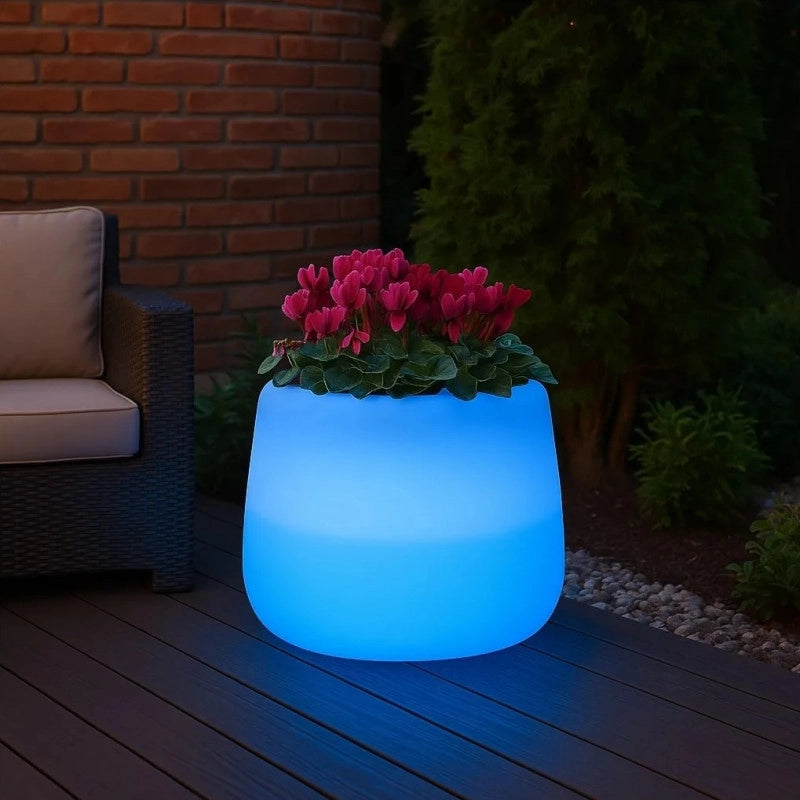 Vaso luminoso moderno di design Ø53 H55 in polimero resistente con LED multicolor con batteria per interno ed esterno - Made in Italy - Monacis