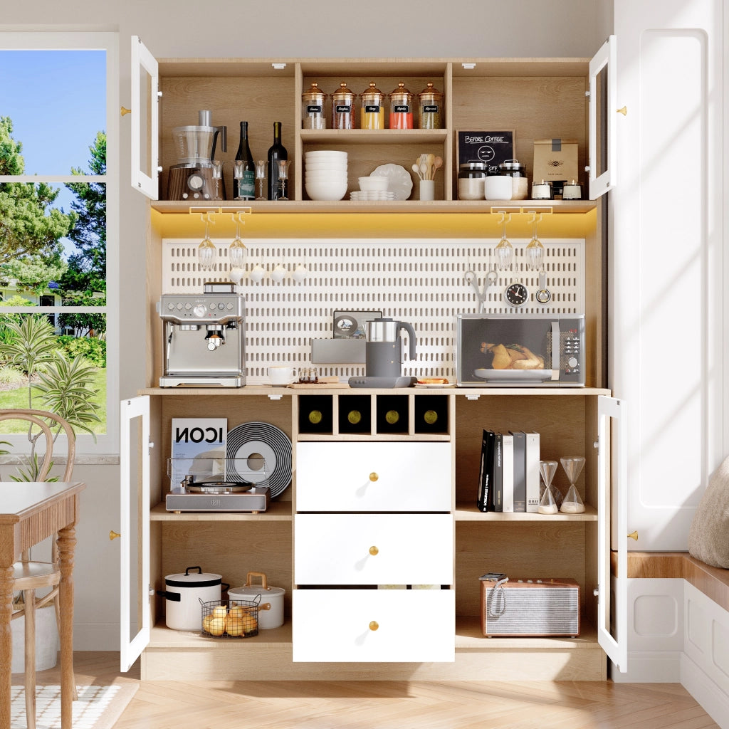 Colonna da cucina con LED, porta calici e ripiani regolabili, MDF e vetro, bianco 140 × 40 × 185,7 cm