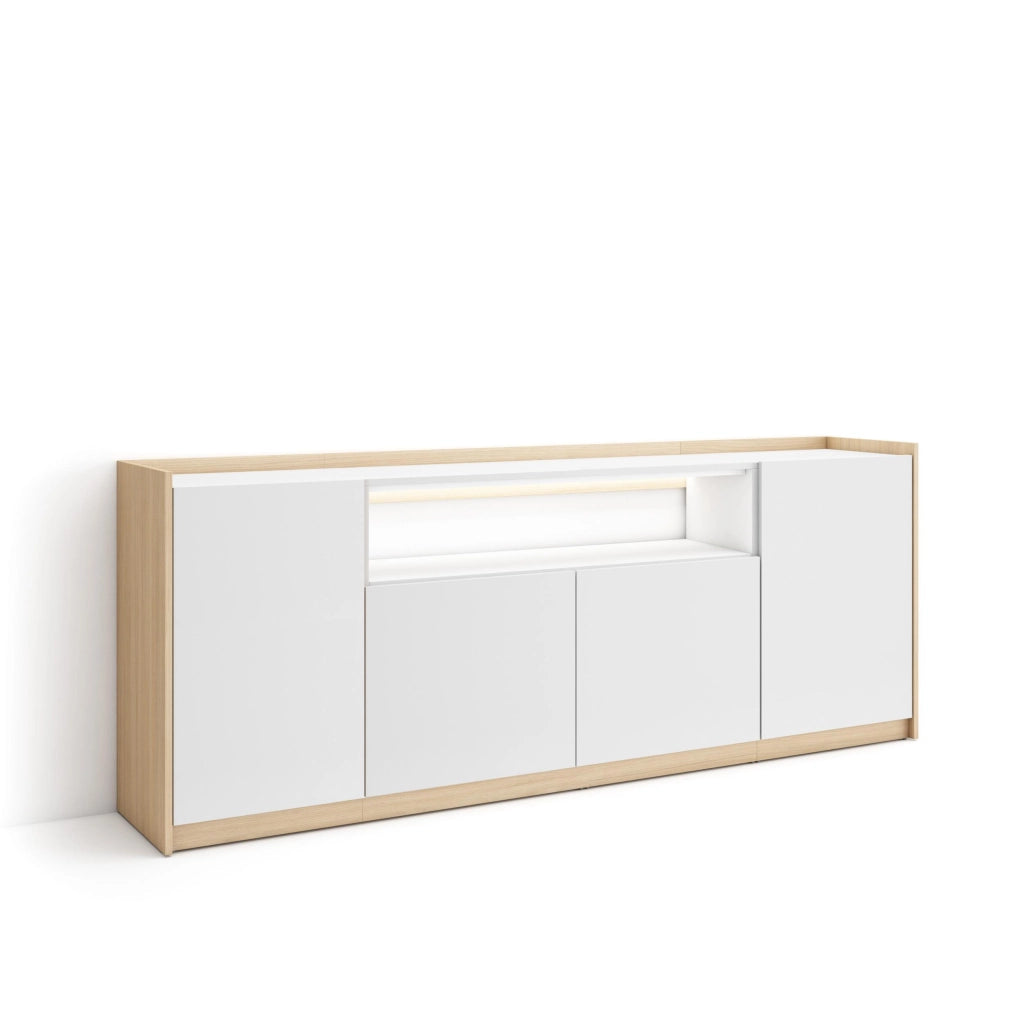 Credenza, Mobile, Cucina, 207x80x37 cm, 4 Porte, LED, Bianco e Rovere soft