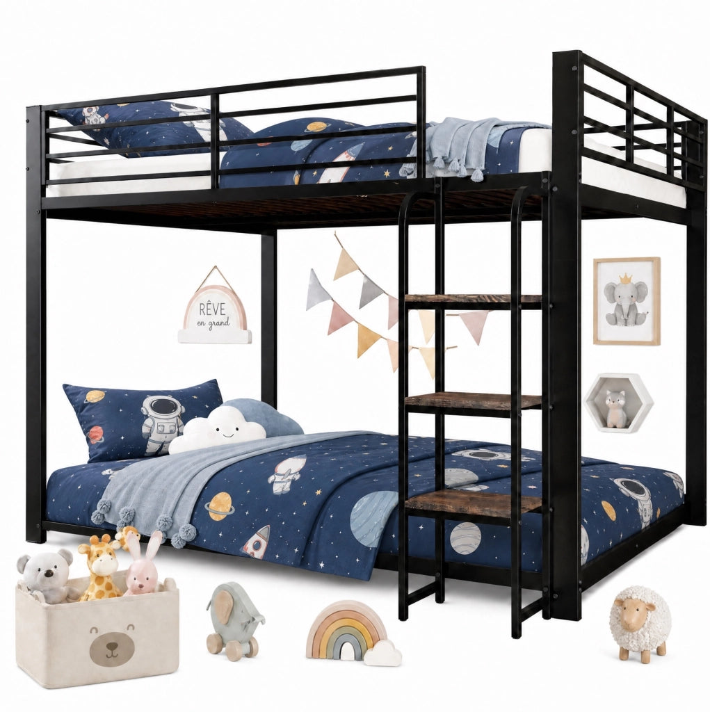 Letto a castello 140x200 cm con scala ampia e spondine di sicurezza in MDF e metallo nero