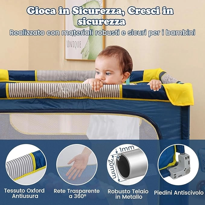 Box per Bambini 127 x 127 cm, Recinto per Bambini Pieghevole in Tessuto Oxford con Rete Traspirante, Box con Giochi che Include 50 Palline, 4 Pezzi Anelli e Borsa (Blu, 127 x 127 cm)