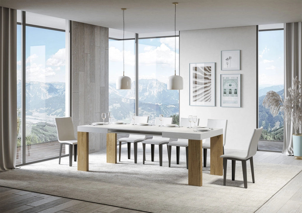 Tavolo Allungabile 130/390x90x77 cm Roxell Mix piano Bianco Frassino gambe Quercia Natura