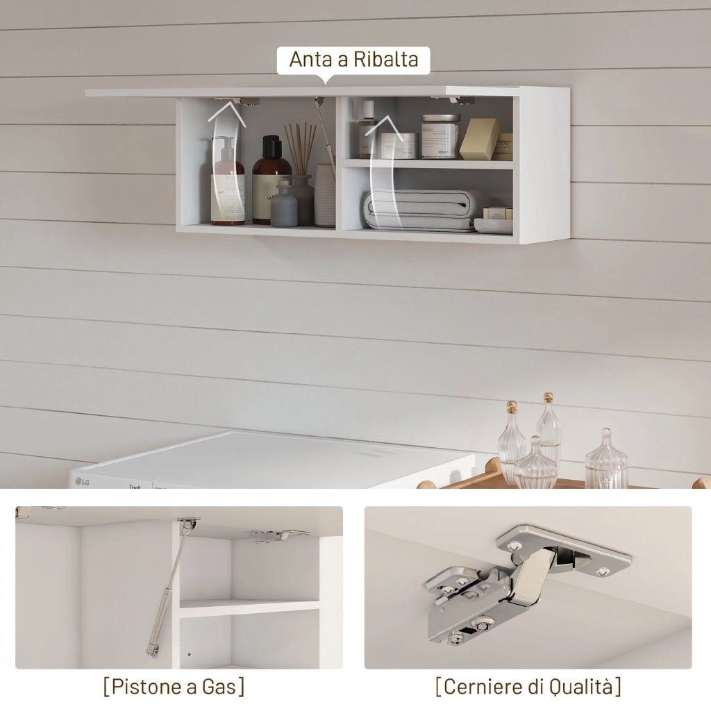 Mobiletto bagno pensile con anta a ribalta e ripiani, 80x25x30 cm, bianco