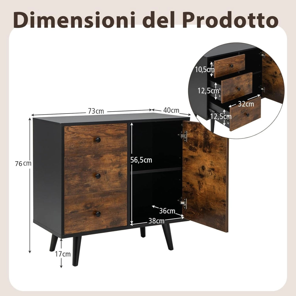 Mobiletto Multiuso con 3 Cassetti e 1 Armadio, Armadietto con Gambe di Legno e Altezza del Ripiano Regolabile, Ideale per Ingresso, Soggiorno e Cucina, 73 x 40 x 76 cm