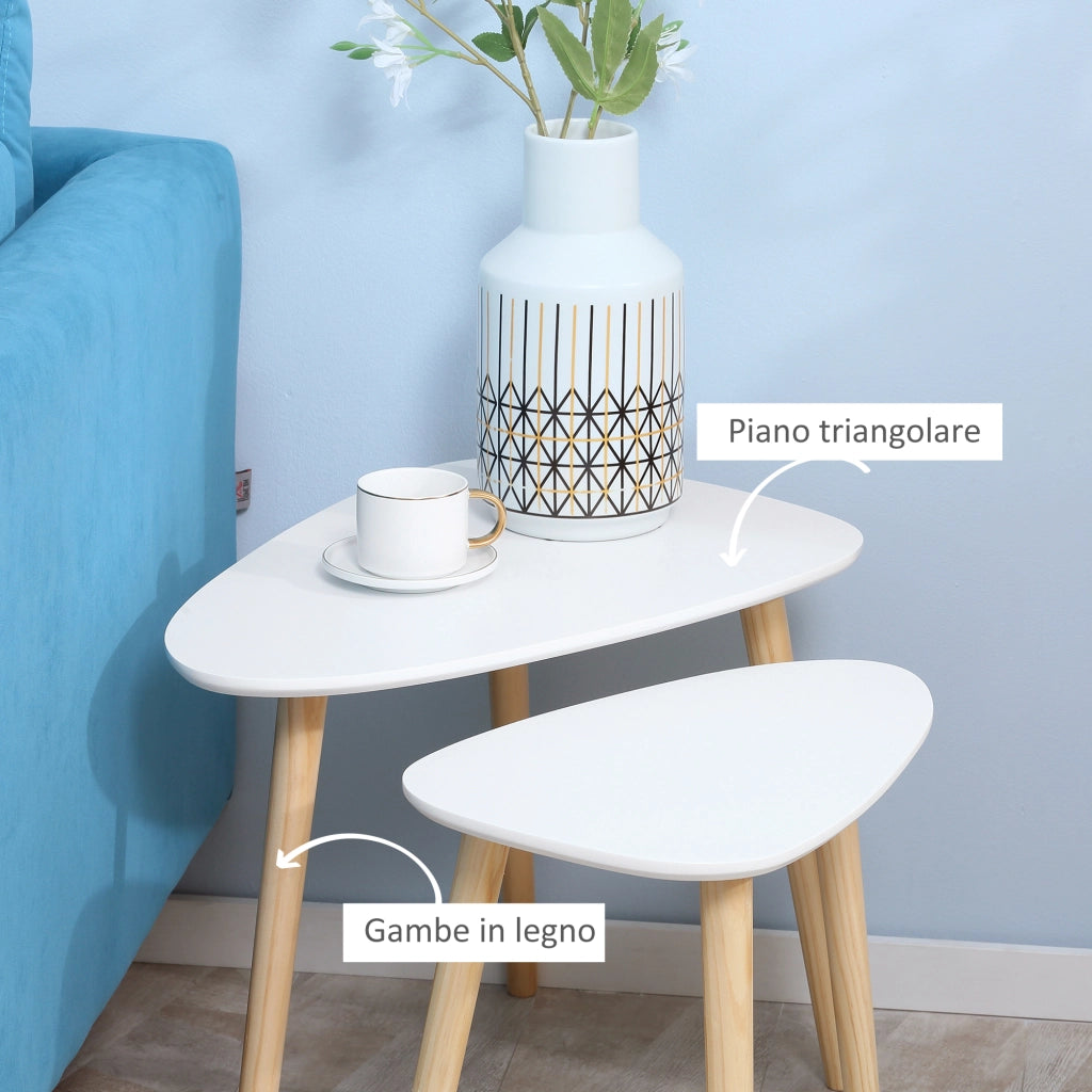 Set 2 Tavolini da Salotto Impilabili Stile Nordico con Gambe in Legno, Bianco